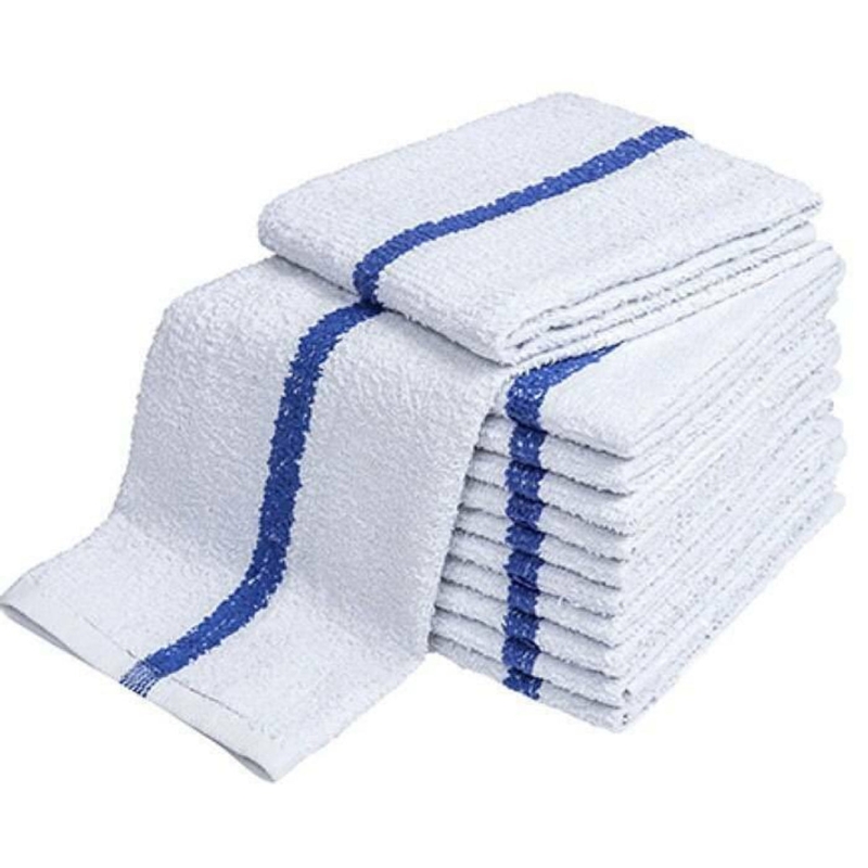 Hand Towel, White with Blue Center Stripe Absorbent Terry Cloth Pile.