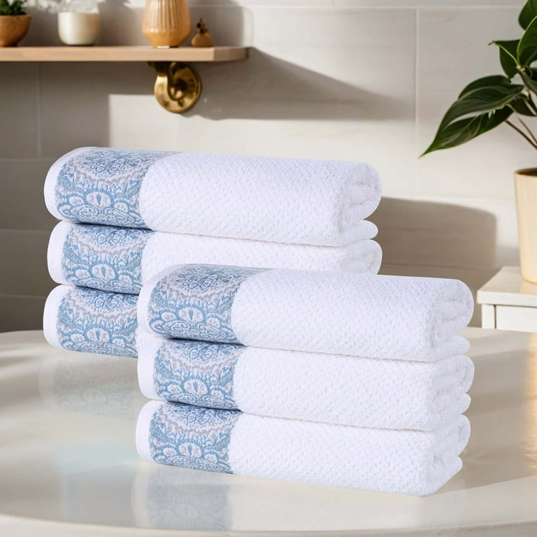 Hand Towel: White with Navy Embroidered Medallion, Contrast Border