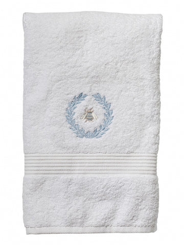 Hand Towel with Bee Embroidery, White Terry Cloth Laurel Wreath.