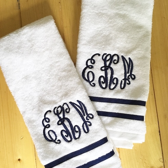 Hand Towel with Black Monogram Initial and Ribbon Trim, White Terry.