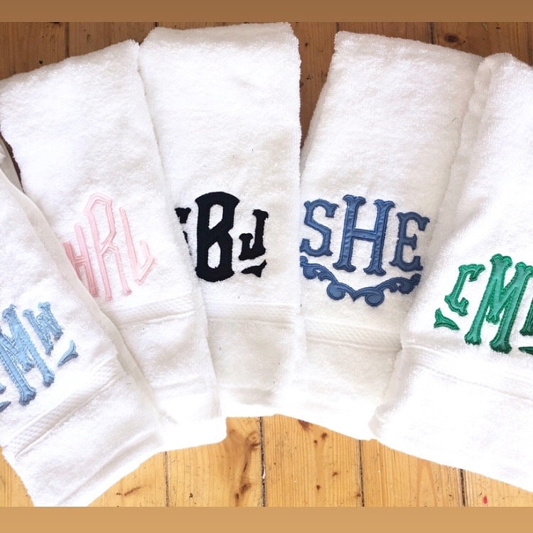 Hand Towel with Blue Monogram Applique, White Terry, Scalloped Edge.