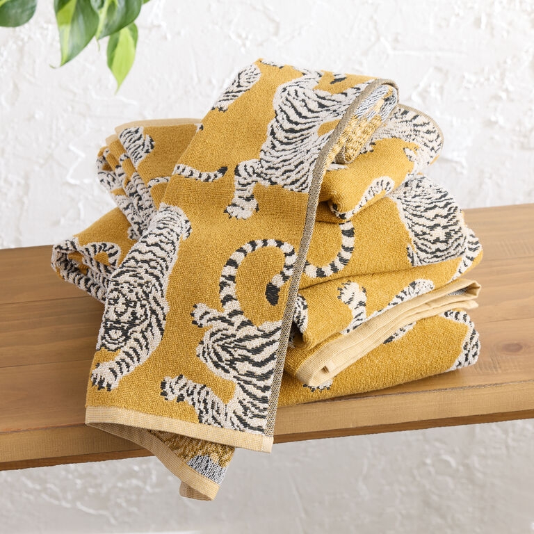 Hand Towel with Sculpted Tiger Motif, Mustard Yellow Terry Cloth.