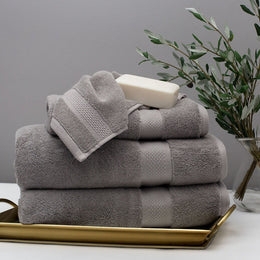 Hand Towels, Grey Cotton Terry Stacked on Vanity Tray Spa Decor