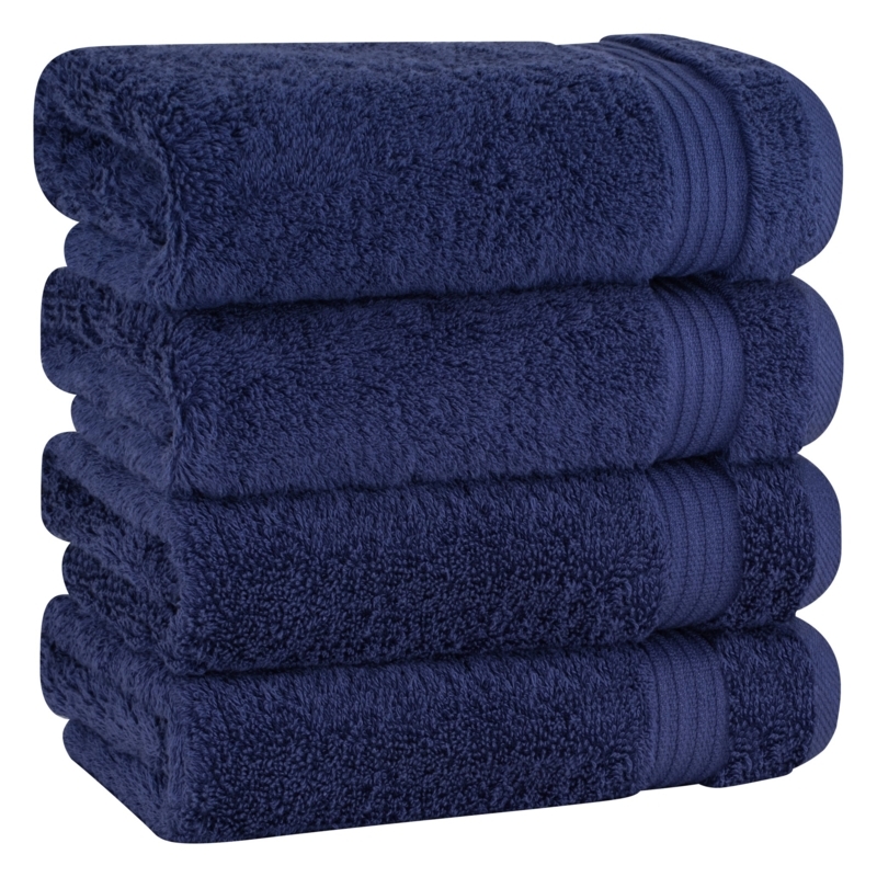 Hand Towels, Navy Blue Turkish Cotton 4-Pack Stack with Dobby Border