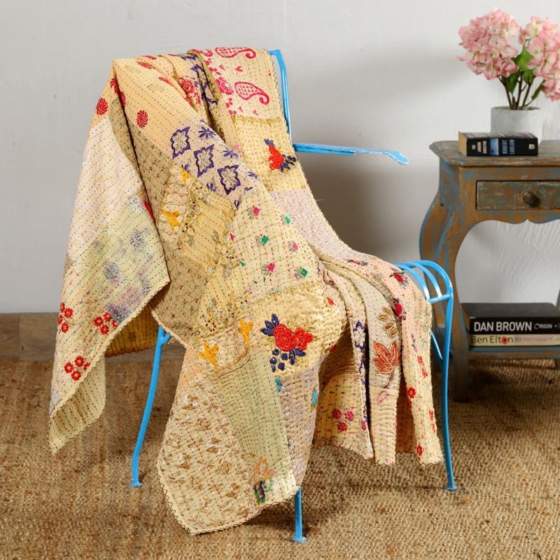 Hand-Woven Beige Cotton Throw with Embroidered Accents & Oversized Tassels