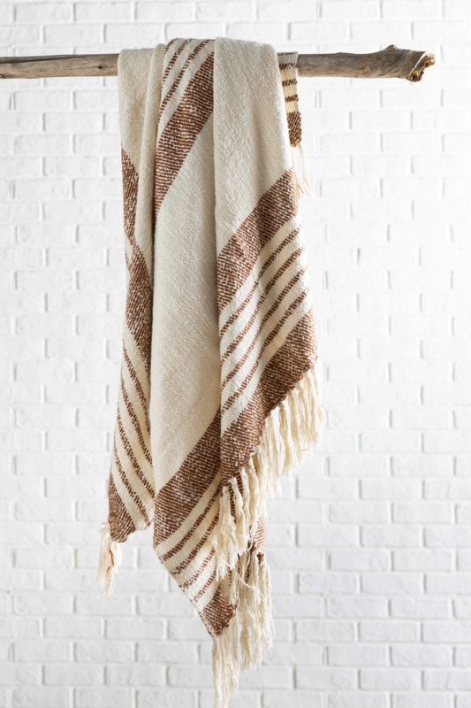 Hand Woven Throw Blanket Geometric Fringe Detail Boho Cream Brown