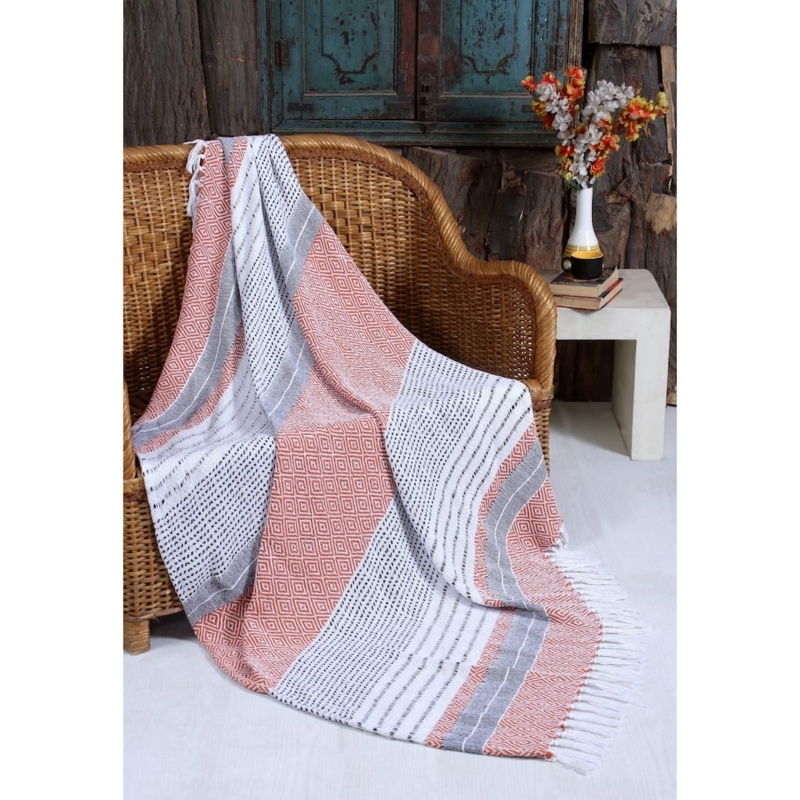 Handwoven Cotton Throw Blanket Cream Charcoal Striped Tassels