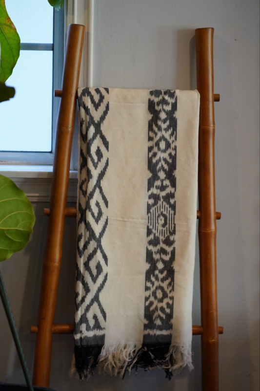 Handwoven White and Gray Ikat Throw, Tasseled Fringe, Boho Style