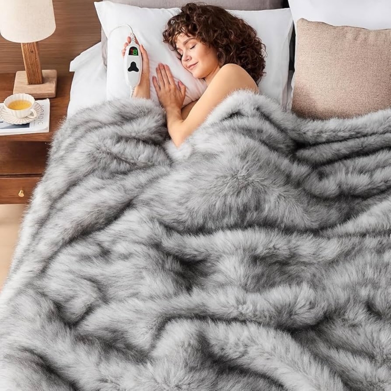 Heated Blanket, White Shaggy Faux Fur, Modern Living Room Accents.