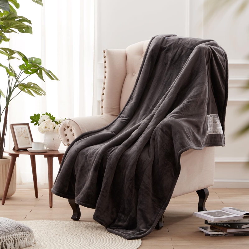Heated Throw Blanket Charcoal Grey Plush Digital Controller