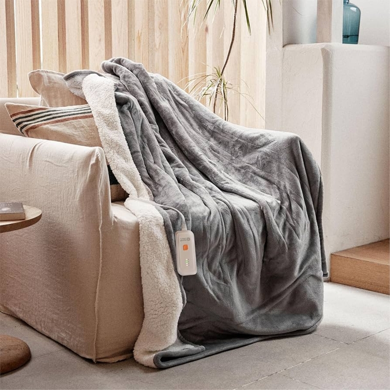 Heated Throw Blanket, Dark Grey Waffle Weave, Plush Texture.