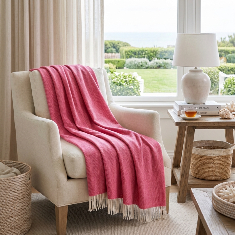 Herringbone Pattern Throw Blanket, Twisted Fringe. Pink Herringbone Throw