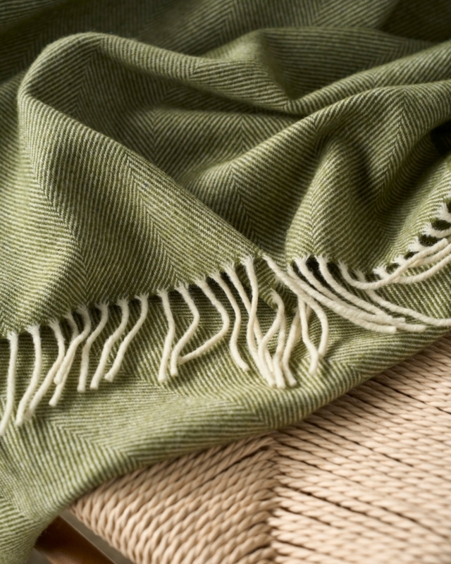 Herringbone Throw Blanket Olive Green Wool Like Knotted Tassels