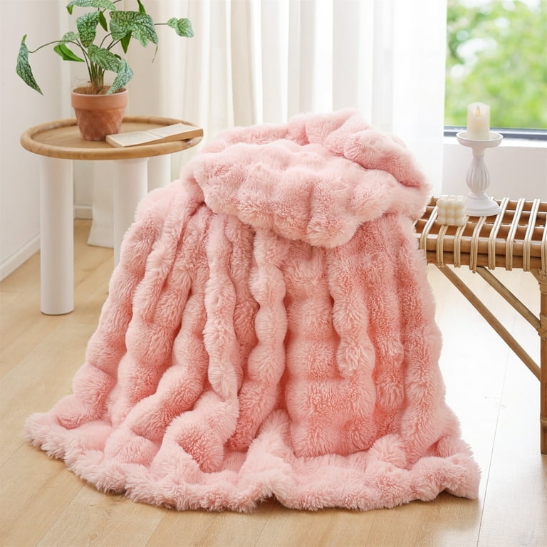 High-Pile Faux Fur Throw Blanket, Fleece Backing. Cozy Pink Faux Fur Throw