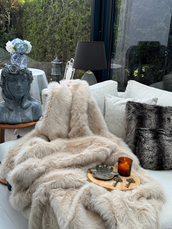 High Pile Faux Fur Throw Blanket in Beige for Minimalist Bedroom Styling