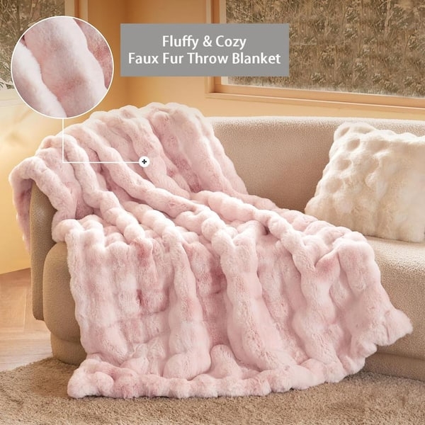 High-Pile Furry Throw Blanket, Soft Pink. Soft Pink Faux Fur Throw