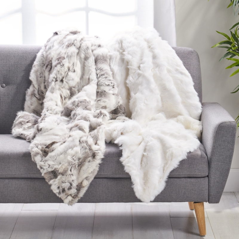 High Pile Shaggy Throw Blanket in Ivory Faux Fur for Glam Decor