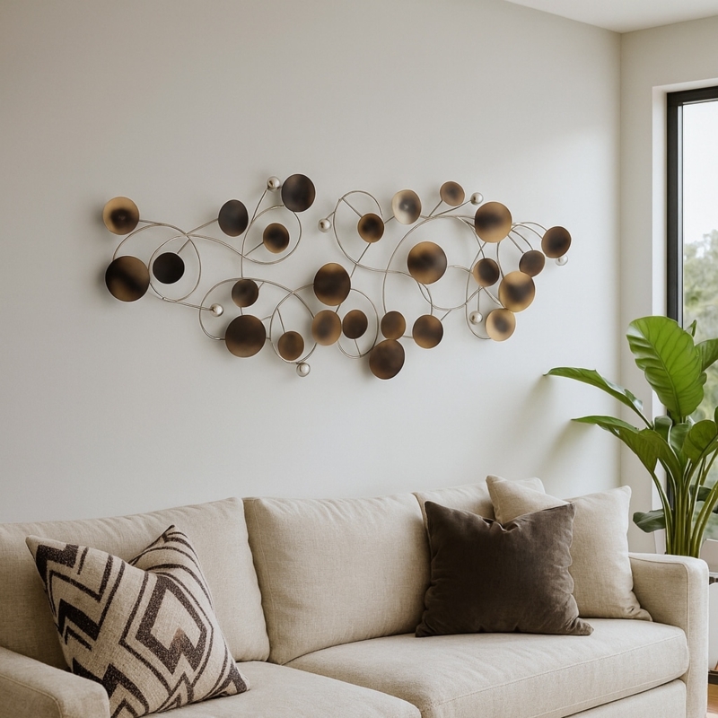 Horizontal Metal Wall Decor with Overlapping Discs and Mixed Textures