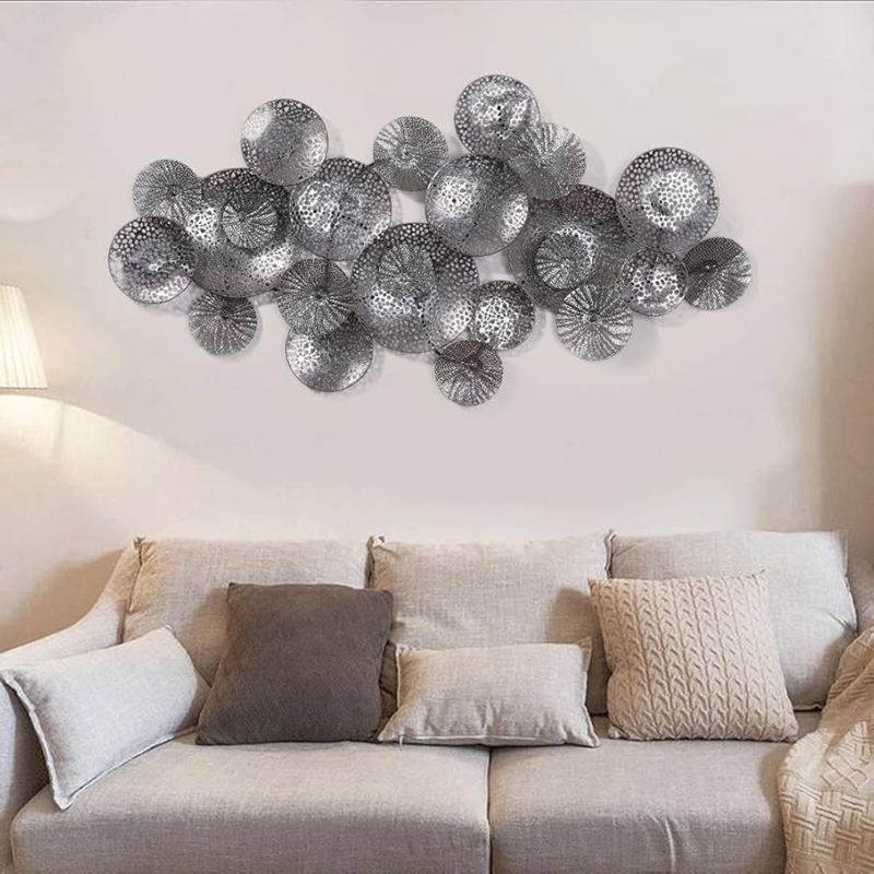 Horizontal Metal Wall Sculpture with Hollow Round and Solid Discs
