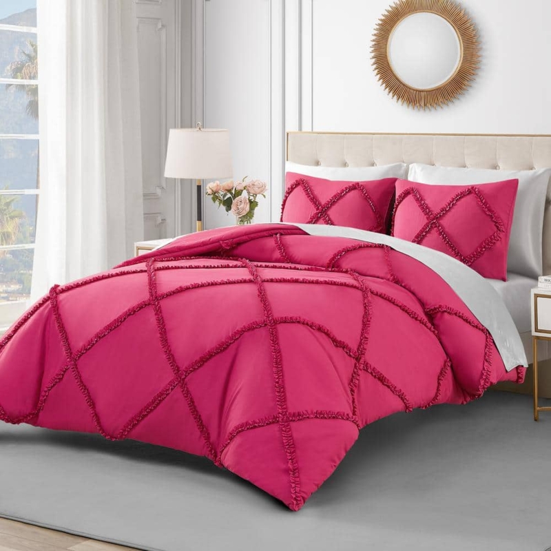 Hot Pink Comforter Set with Diamond Ruffle Texture
