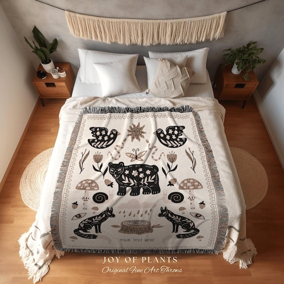 Hygge Woven Throw Blanket, Cream Woodland Folk Art Print with Fringe