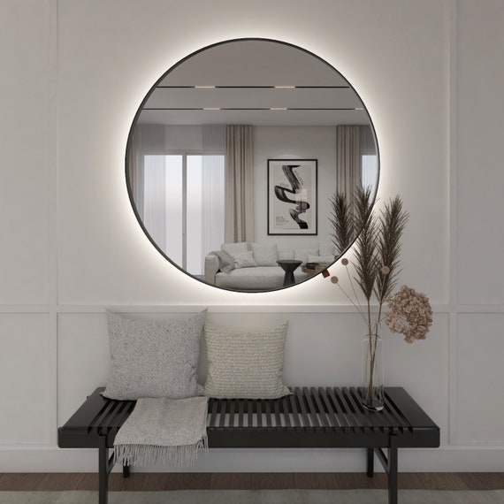 Illuminated Round Wall Mirror, LED Backlit with Matte Black Frame