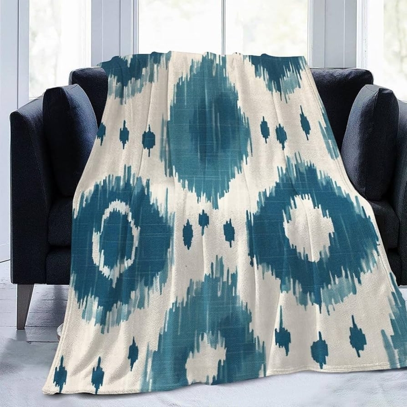 Indigo and Cream Ikat Pattern Throw, Plush Texture, Global Inspired