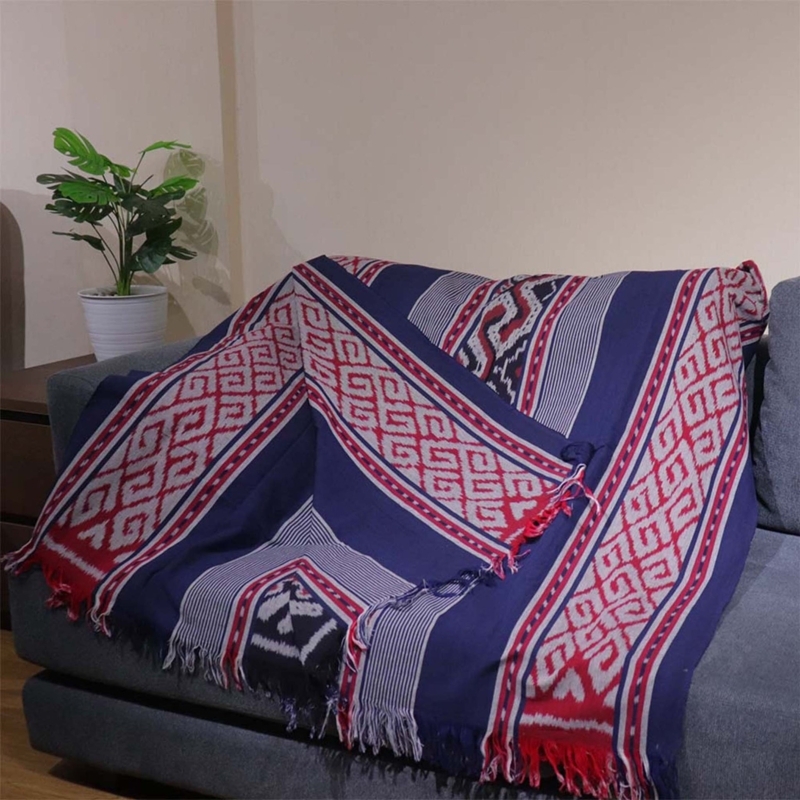 Indigo and Red Ikat Throw, Tasseled Fringe, Handwoven, Outdoor Patio
