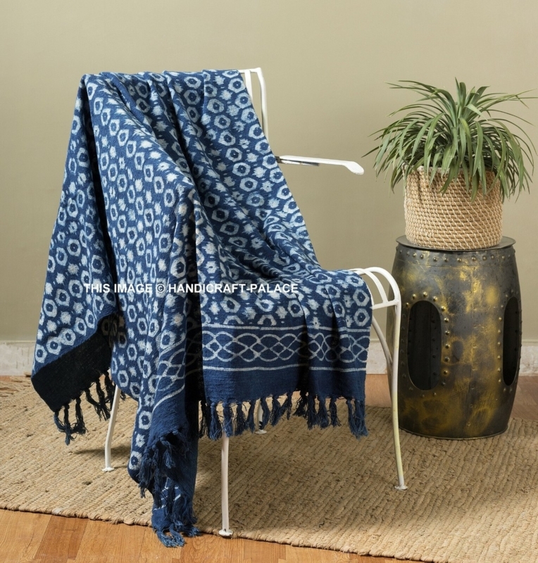 Indigo Block Print Ikat Throw Stack, Knotted Tassels, Artisanal Cotton