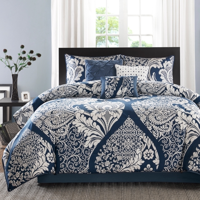 Indigo Blue Comforter Set Large Scale Medallion Floral Coastal Style