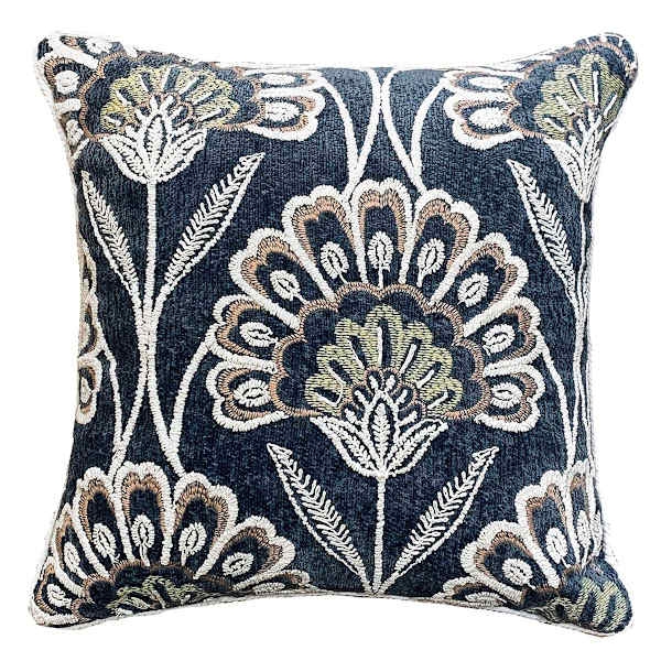 Indigo Floral Embroidered Throw Pillow, Chenille Texture, Boho Transitional
