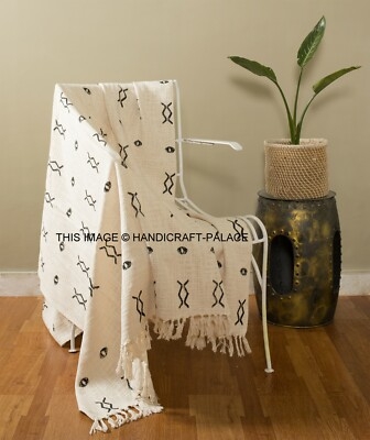 Indigo Hand Block Ikat Print Throw, Knotted Tassels, Artisanal Cotton