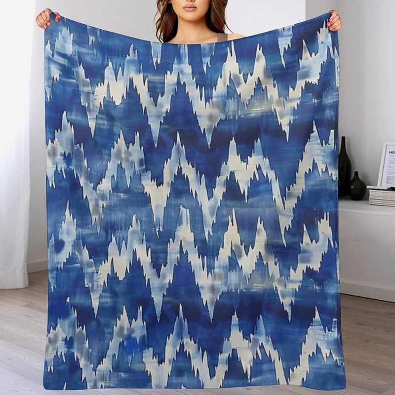 Indigo Ikat Pattern Throw, White Tassel Fringe, Plush Flannel-like