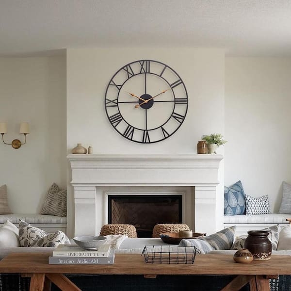 Industrial Black Metal Wall Clock Oversized Roman Numeral Open Frame
