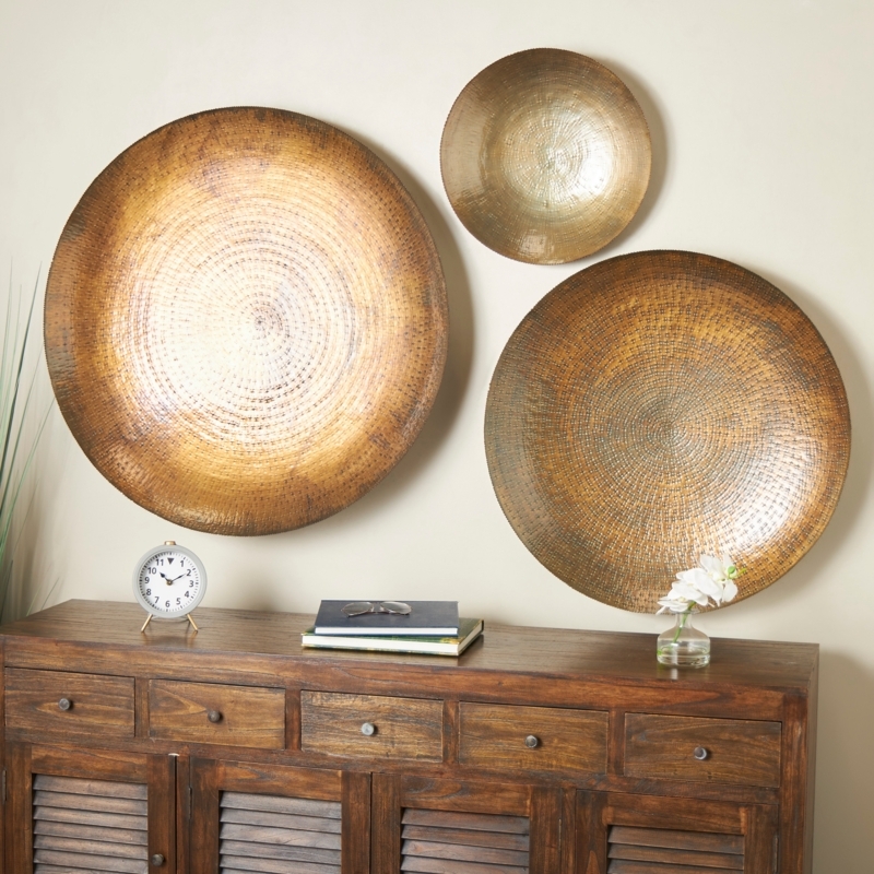 Industrial Metal Wall Art Set: Hammered Bronze Disks, Concentric Ridges.