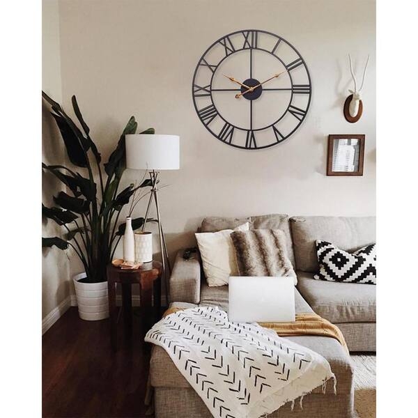 Industrial Metal Wall Clock Large Roman Numeral Exposed Gear Matte Black