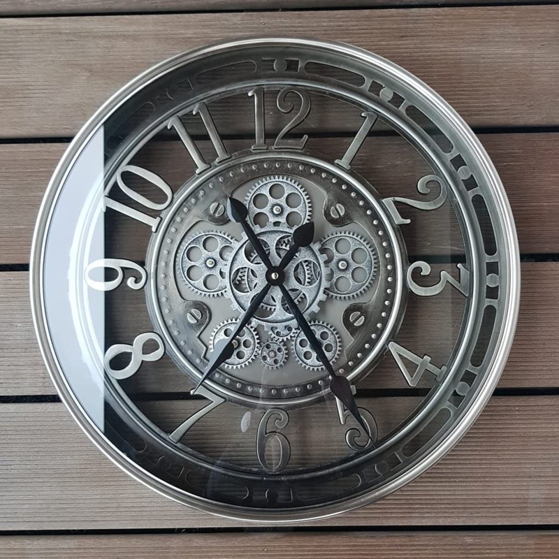 Industrial Moving Gear Wall Clock Gunmetal Finish Arabic Numerals