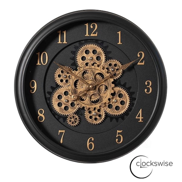 Industrial Skeleton Wall Clock Bronze Gears Black Frame