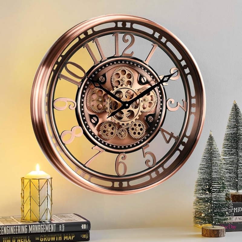 Industrial Wall Clock Modern Farmhouse Black Copper Gears Roman Numerals
