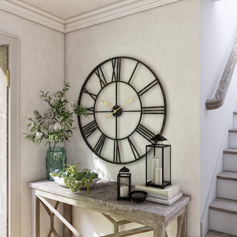Industrial Wall Clock with Dark Brown Metal Radiating Spokes Design