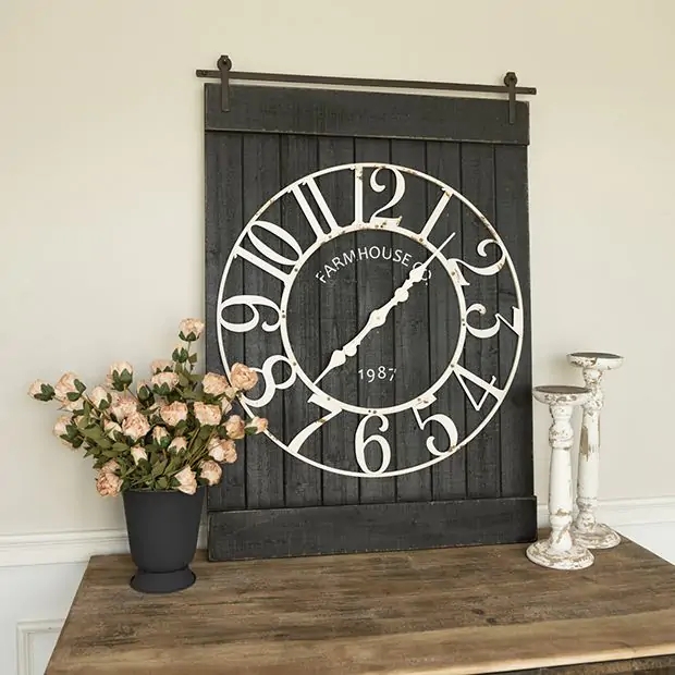 Industrial Wall Clock with Sliding Barn Door Hardware and Planked Face