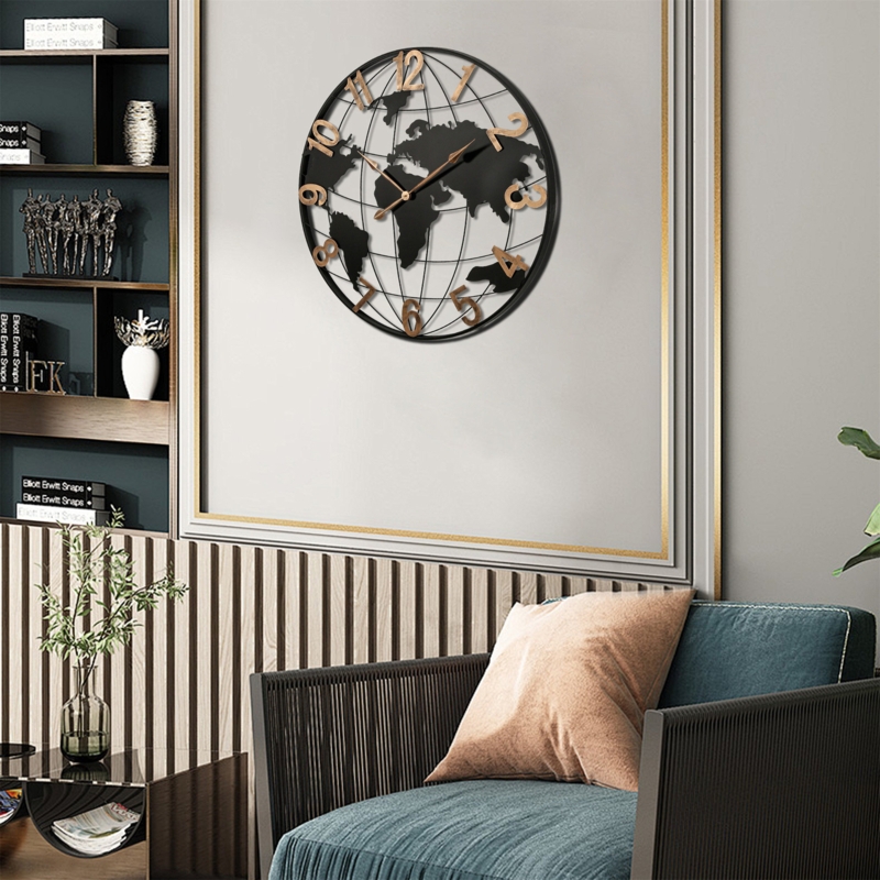 Industrial Wall Clock World Map Design Arabic Numerals Black