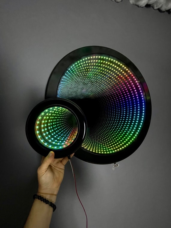 Infinity Mirror Round Wooden Frame RGB LED Futuristic Portal Effect