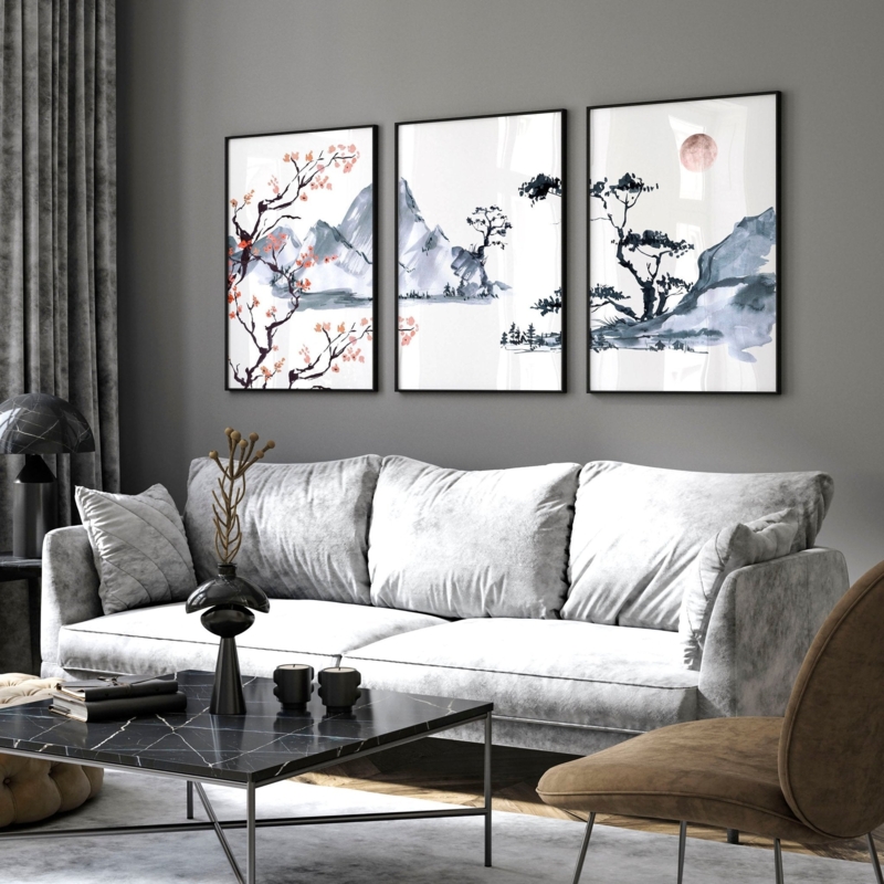 Ink Wash Mountain Art Triptych Set Japandi Style Framed