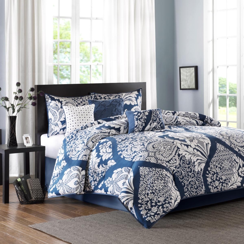 Intricate Indigo Damask Comforter Set, Traditional Blue and White Bedding