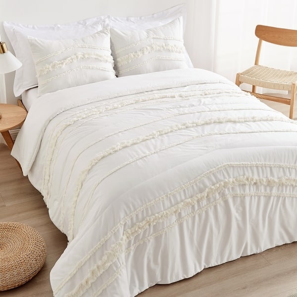 Ivory Boho Comforter Set Fringed Trim Tufted Texture Farmhouse