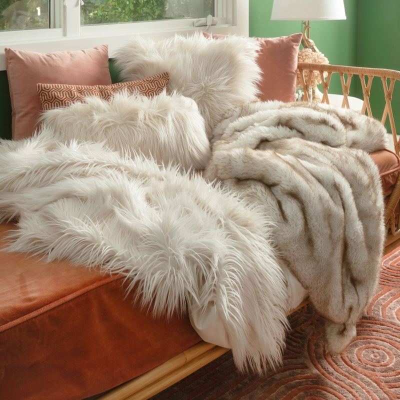 Ivory Long Pile Angora Texture Faux Fur Throw Blanket