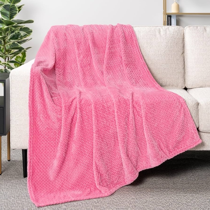 Jacquard Leaf Motif Throw Blanket, Hot Pink Fleece. Textured Botanical Pattern