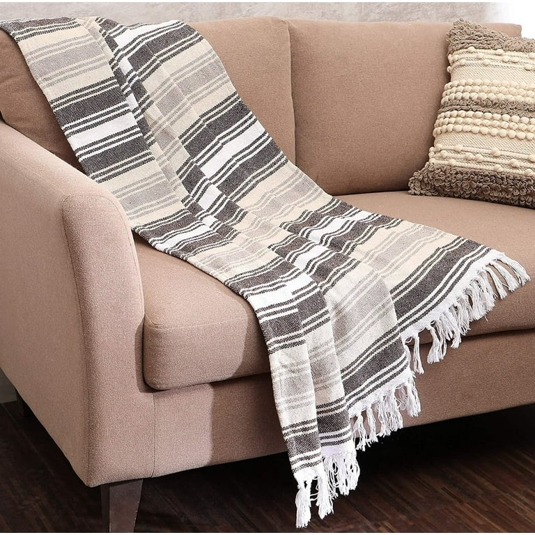 Jacquard Throw Blanket Taupe Geometric Woven with Tasseled Fringe