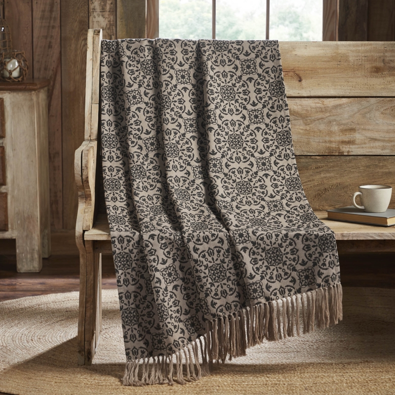 Jacquard Woven Throw, Black and Tan House Pattern. Primitive Style Decor.